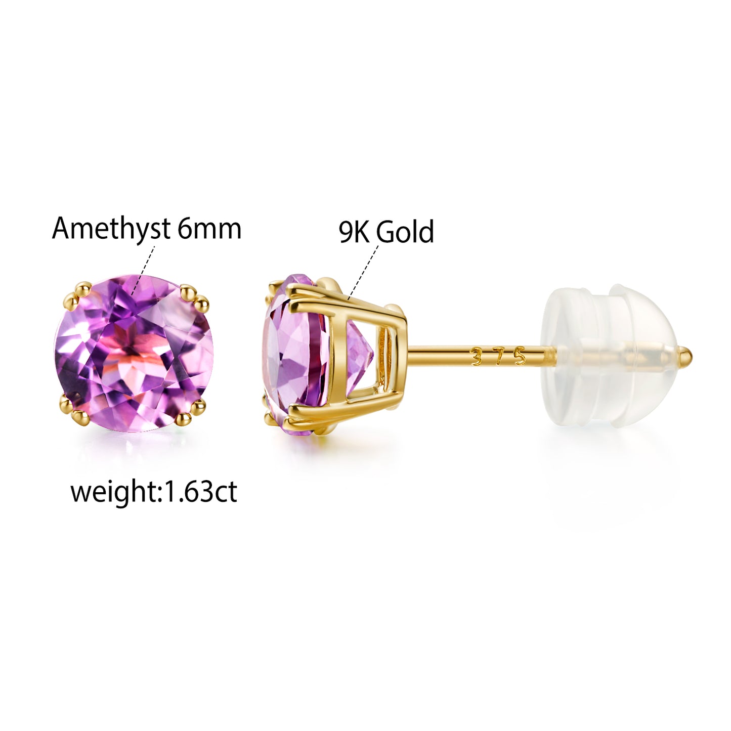 TIKJE 9K Gold Gemstone Citrine Aquamarine Amethyst Purple Round Cut Birthstone Stud Earrings for Women Birthday Jewelry Gifts