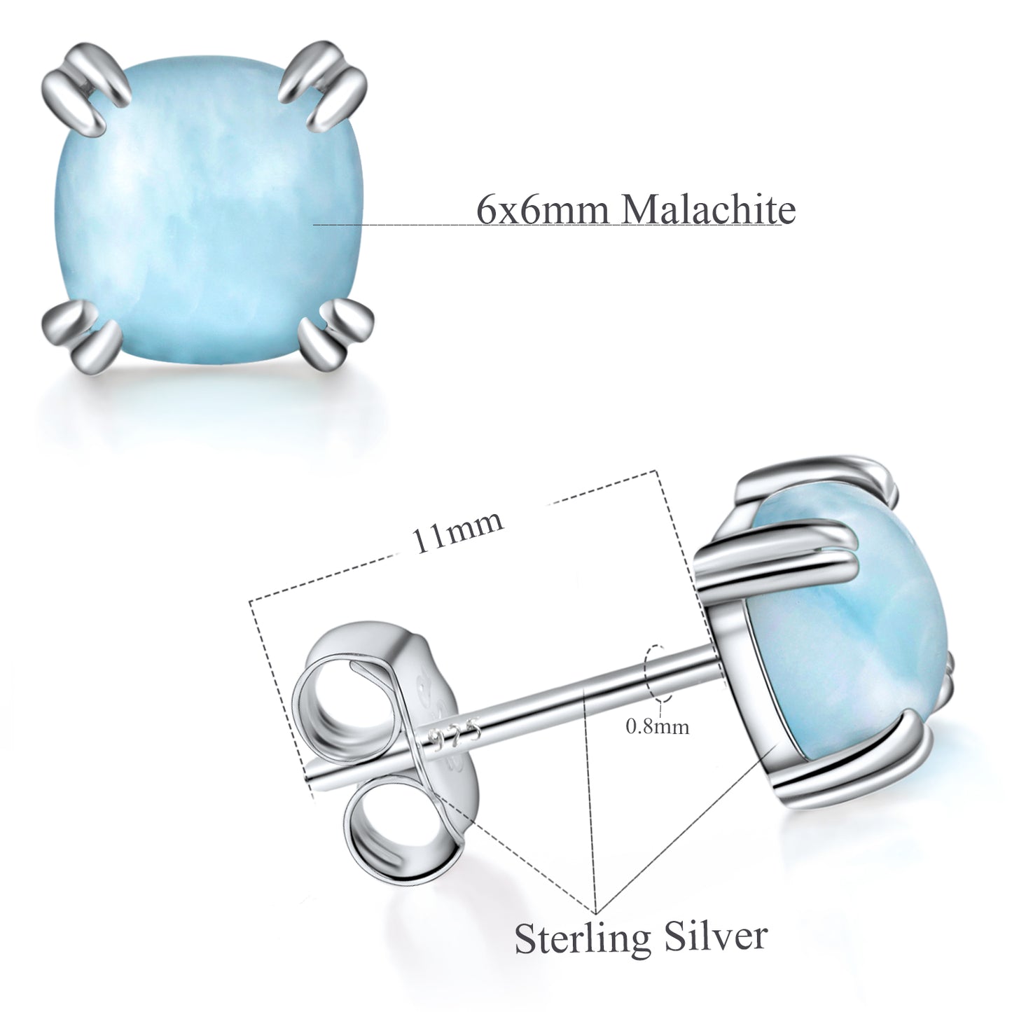 TIKJE Gemstone 925 Sterling Silver Earrings White Gold Plated Natural Stone Seaweed 6mm Square Earrings Women's 1 Pair (Nickel Free)