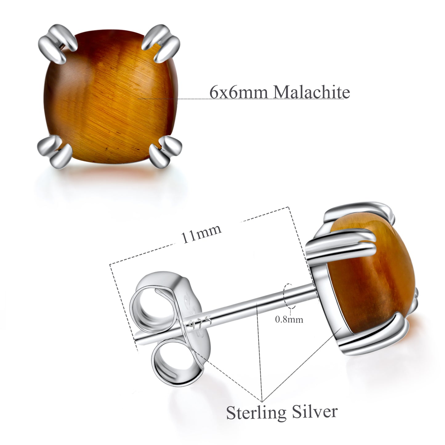 TIKJE Gemstone 925 Sterling Silver Earrings White Gold Plated Tiger Eye 6mm Square Earrings Women's 1 Pair (Nickel Free)