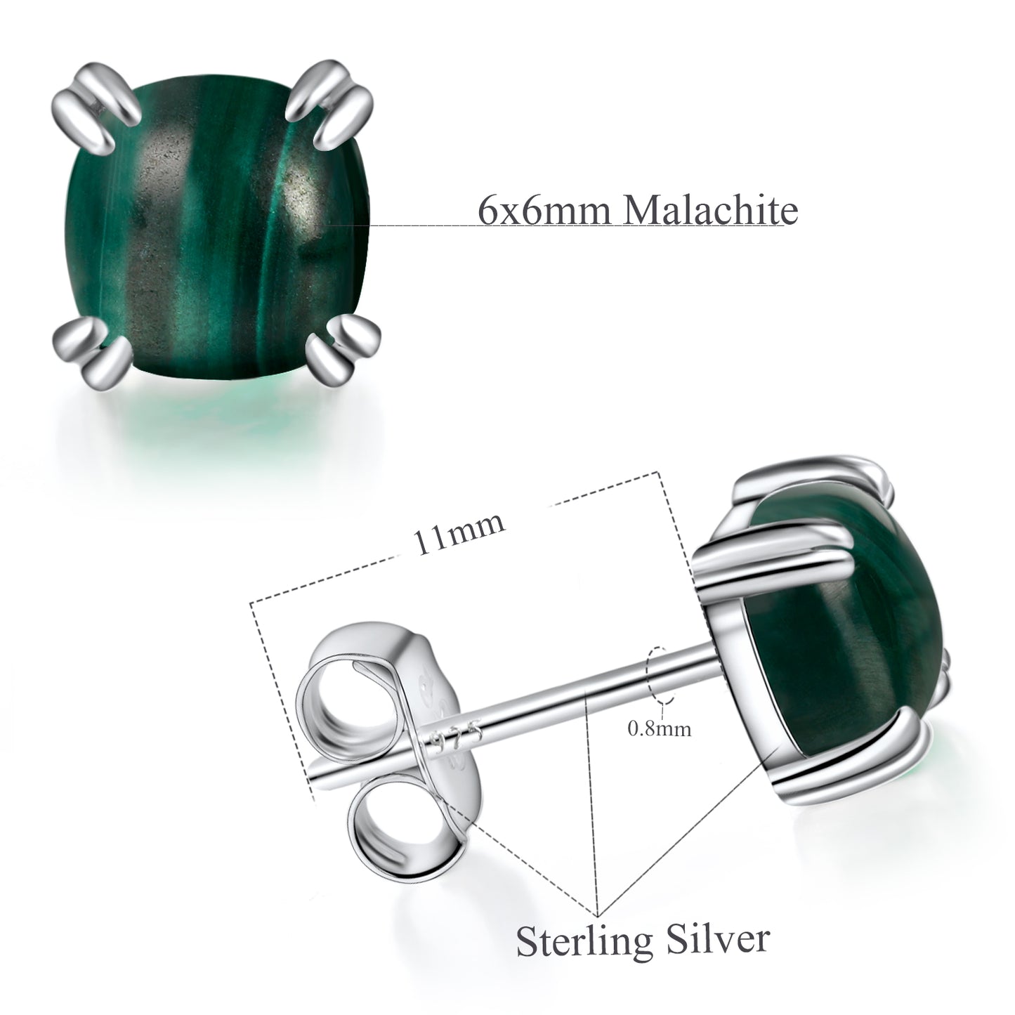 TIKJE Gemstone 925 Sterling Silver Earrings White Gold Plated Malachite 6mm Square Earrings Women's 1 Pair (Nickel Free)