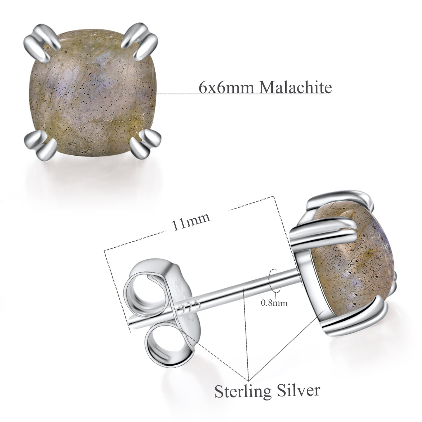 TIKJE Gemstone 925 Sterling Silver Earrings White Gold Plated Shimmering Stone 6mm Square Earrings 1 Pair (Nickel Free)