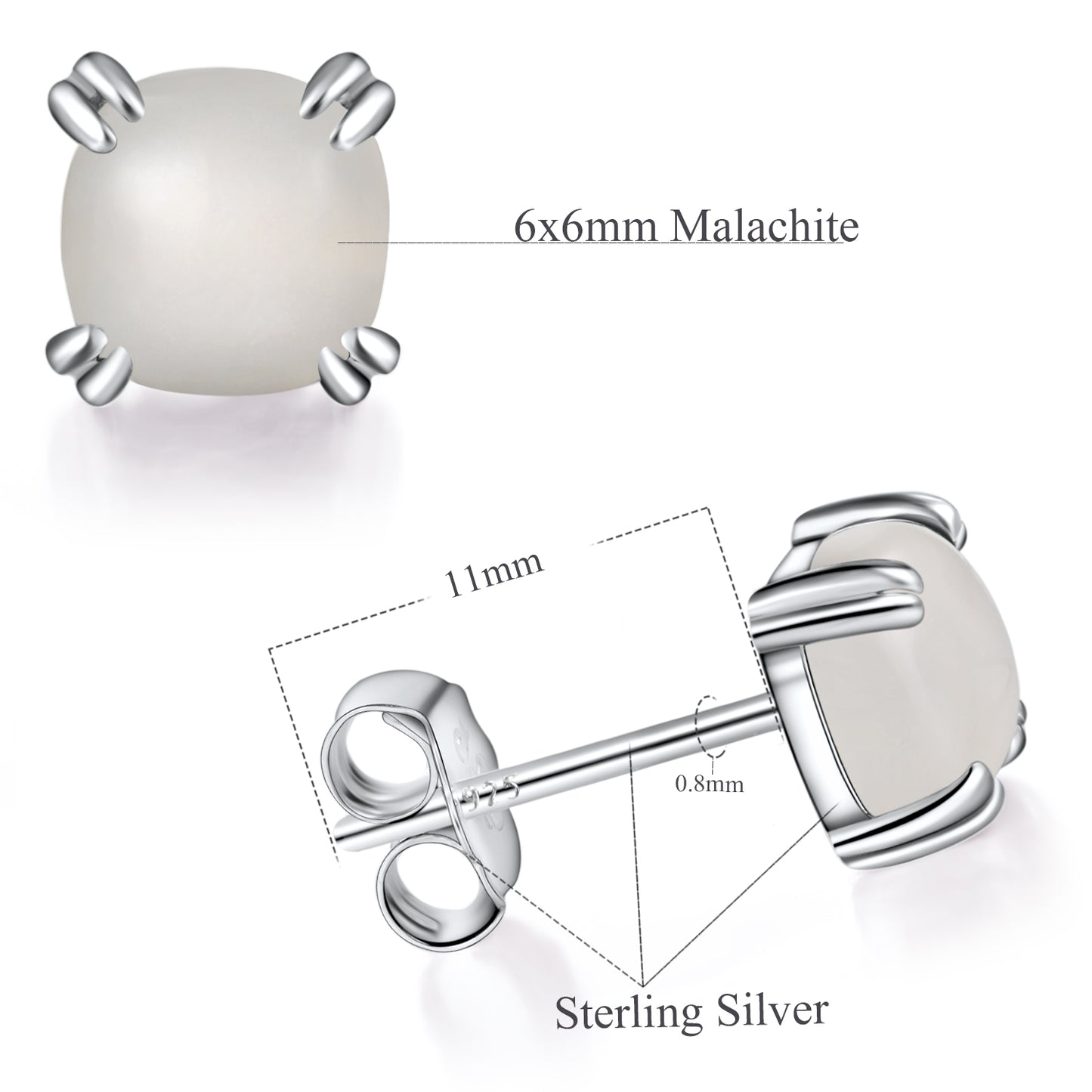 TIKJE Gemstone 925 Sterling Silver Earrings White Gold Plated Moonstone 6mm Square Earrings 1 Pair (Nickel Free)