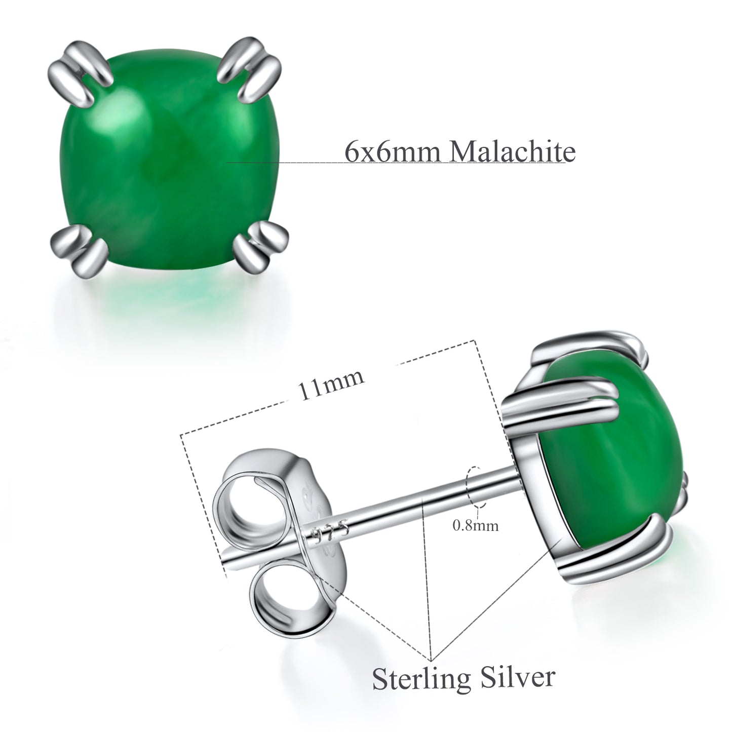 TIKJE Gemstone 925 Sterling Silver Earrings White Gold Plated Jade 6mm Square Earrings Women's 1 Pair (Nickel Free)