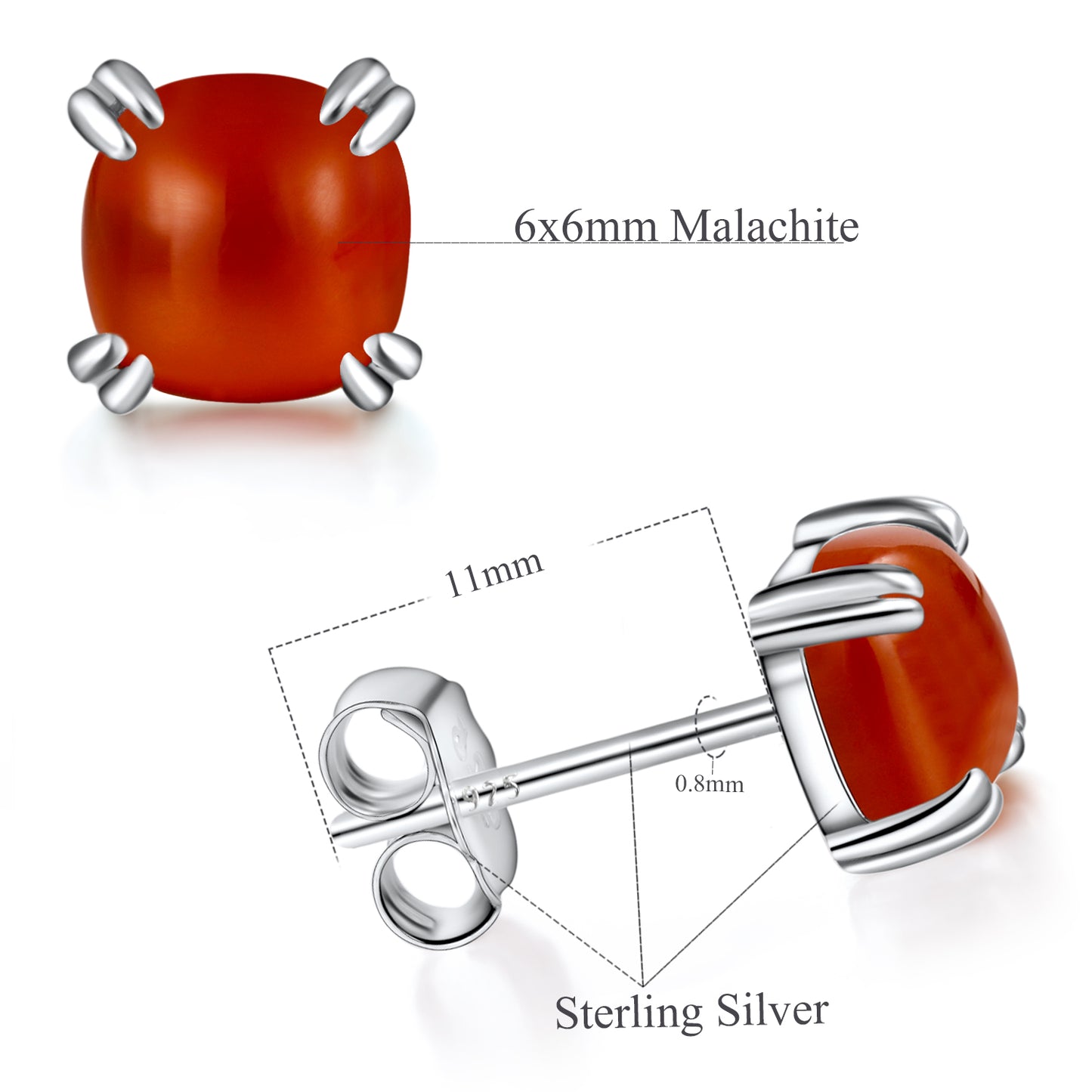 TIKJE Gemstone 925 Sterling Silver Earrings White Gold Plated Red Agate 6mm Square Earrings Women's 1 Pair (Nickel Free)