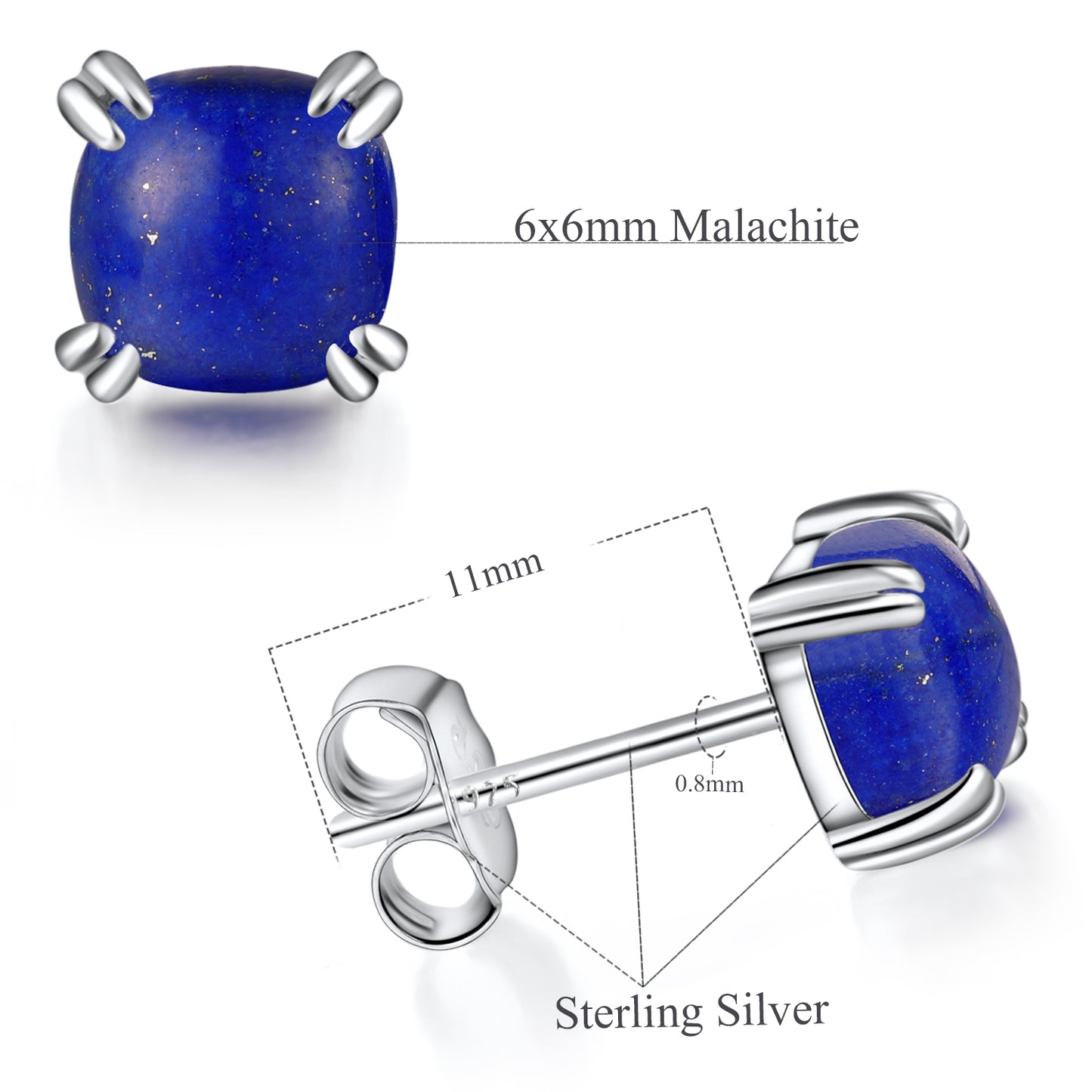 TIKJE Gemstone 925 Sterling Silver Earrings White Gold Plated Lapis Lazuli 6mm Square Earrings 1 Pair (Nickel Free)