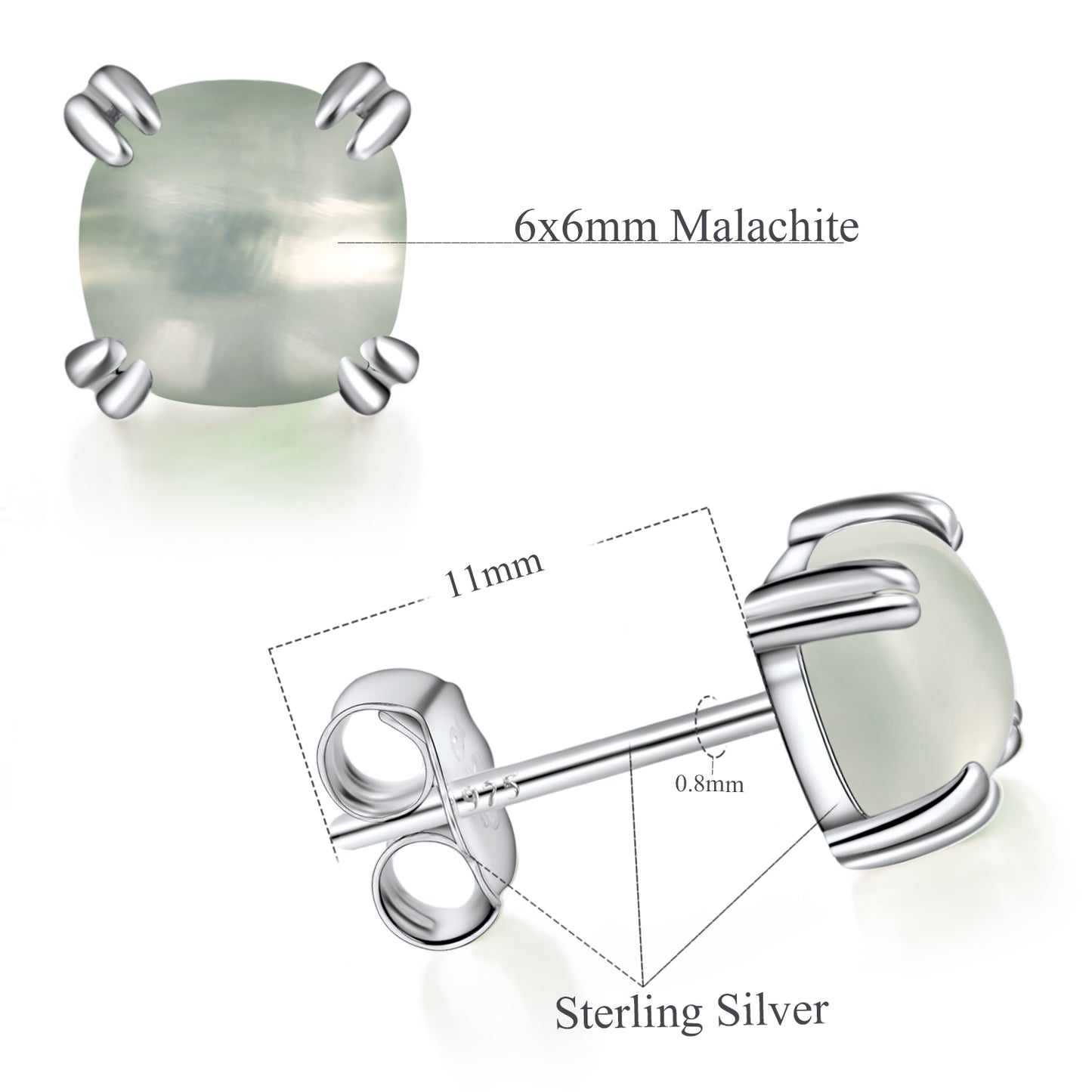 TIKJE Gemstone 925 Sterling Silver Earrings White Gold Plated Prehnite 6mm Square Earrings 1 Pair (Nickel Free)