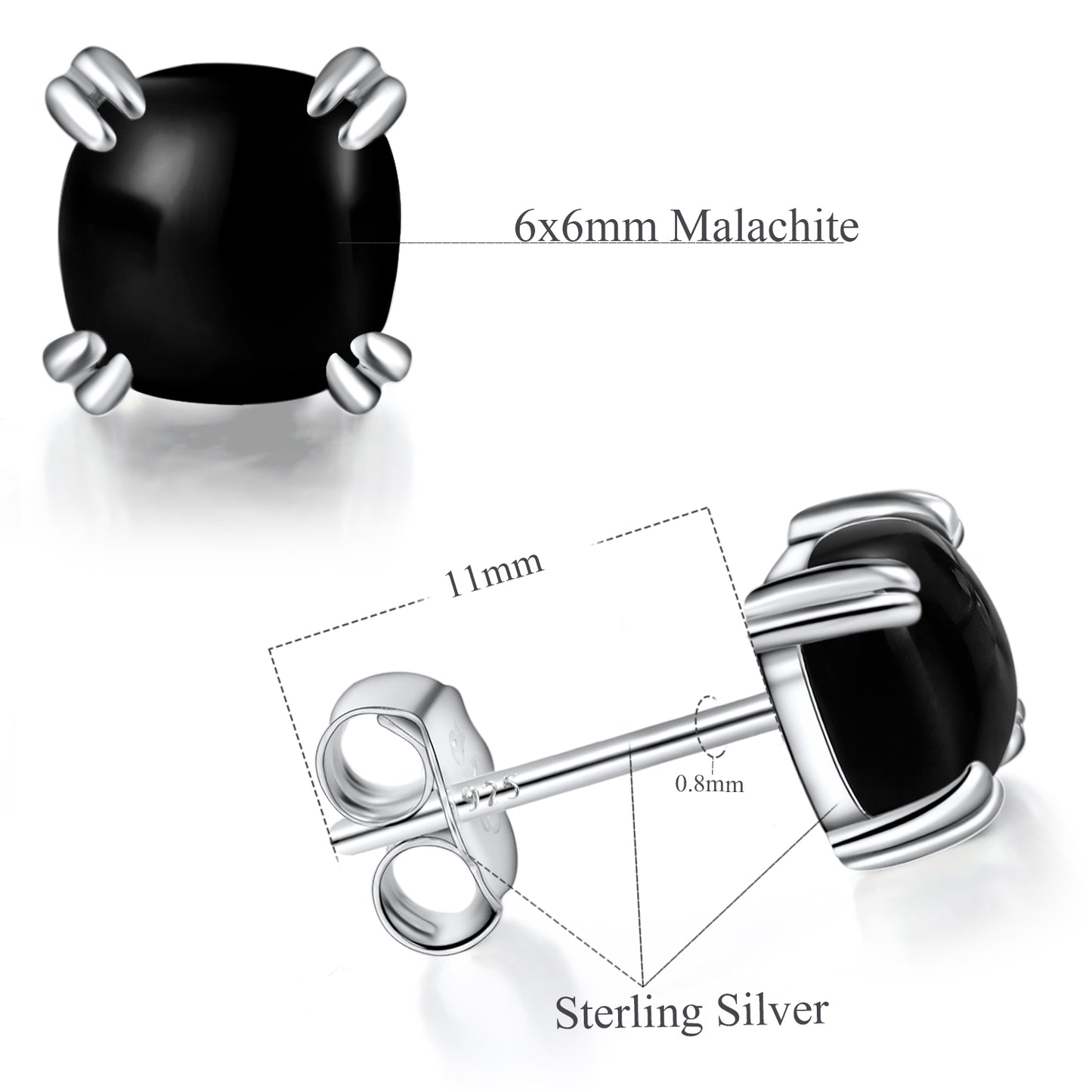 TIKJE Gemstone 925 Sterling Silver Earrings White Gold Plated Black Agate 6mm Square Earrings Women's 1 Pair (Nickel Free)