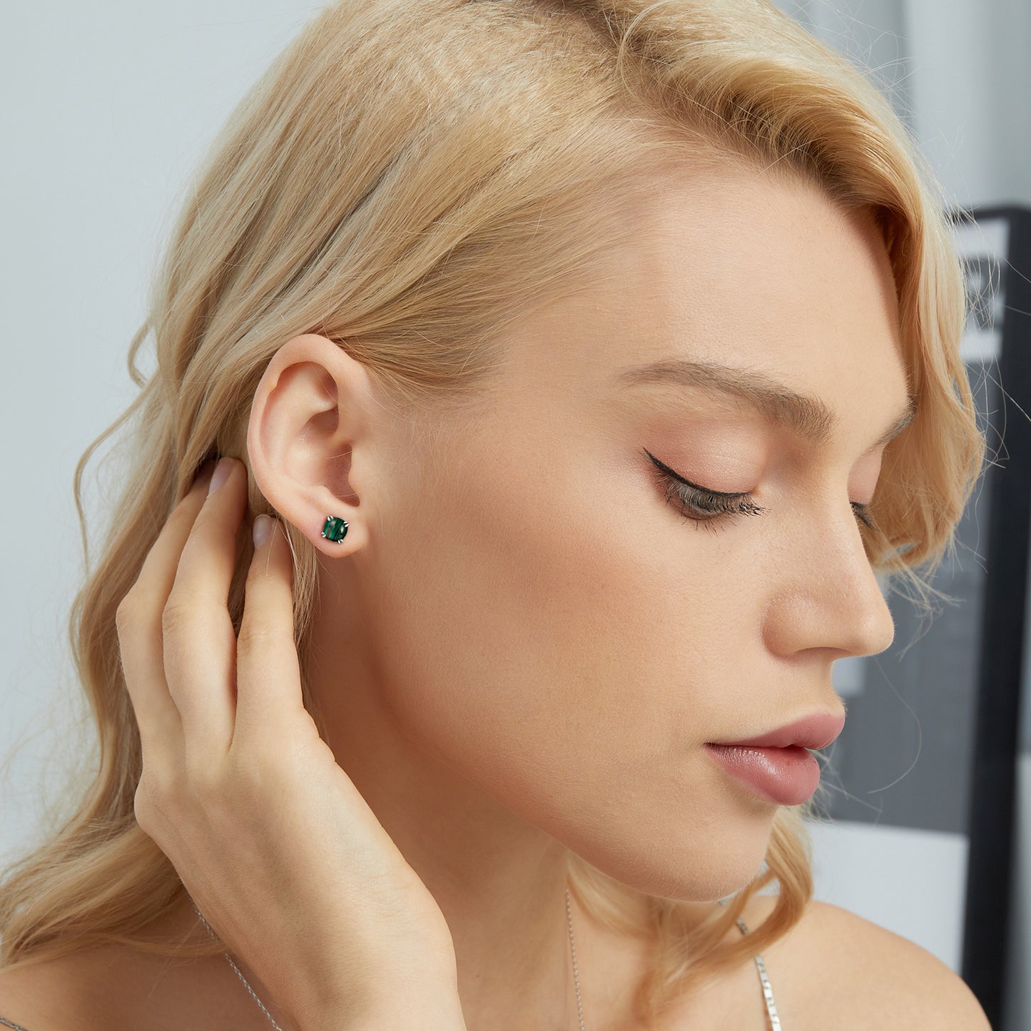 TIKJE Gemstone 925 Sterling Silver Earrings White Gold Plated Malachite 6mm Square Earrings Women's 1 Pair (Nickel Free)