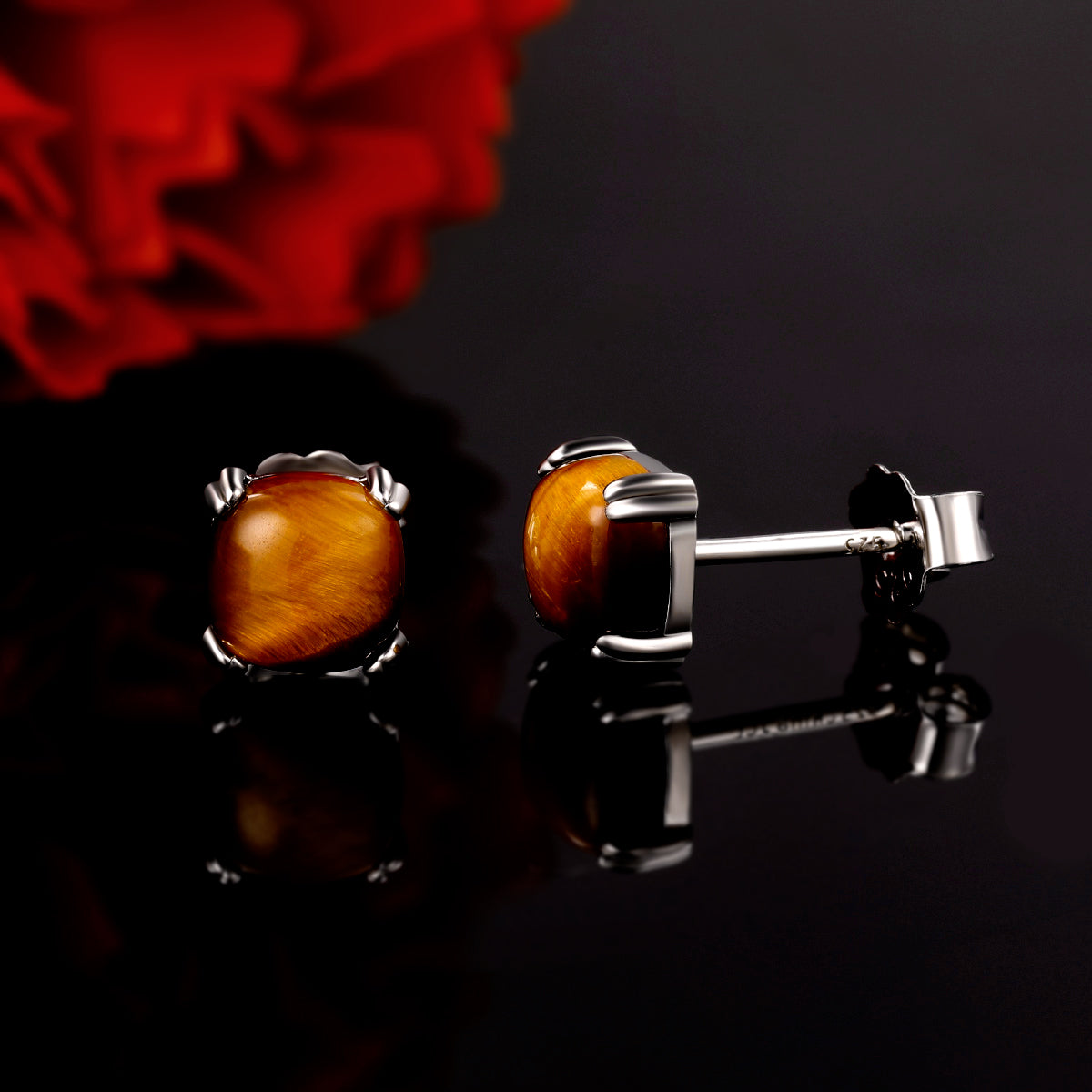 TIKJE Gemstone 925 Sterling Silver Earrings White Gold Plated Tiger Eye 6mm Square Earrings Women's 1 Pair (Nickel Free)