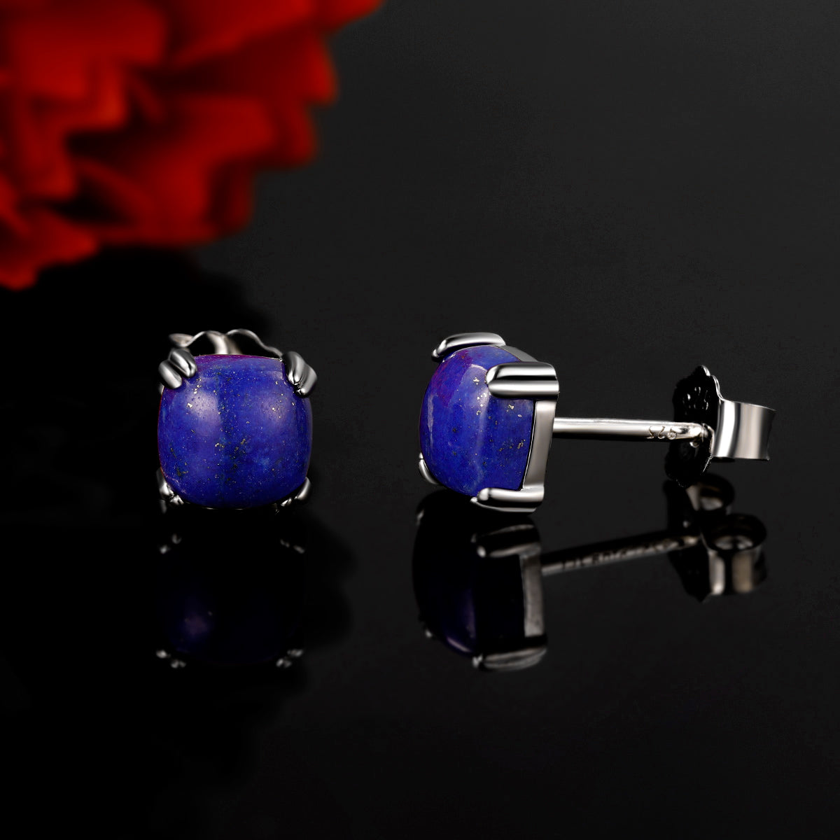 TIKJE Gemstone 925 Sterling Silver Earrings White Gold Plated Lapis Lazuli 6mm Square Earrings 1 Pair (Nickel Free)