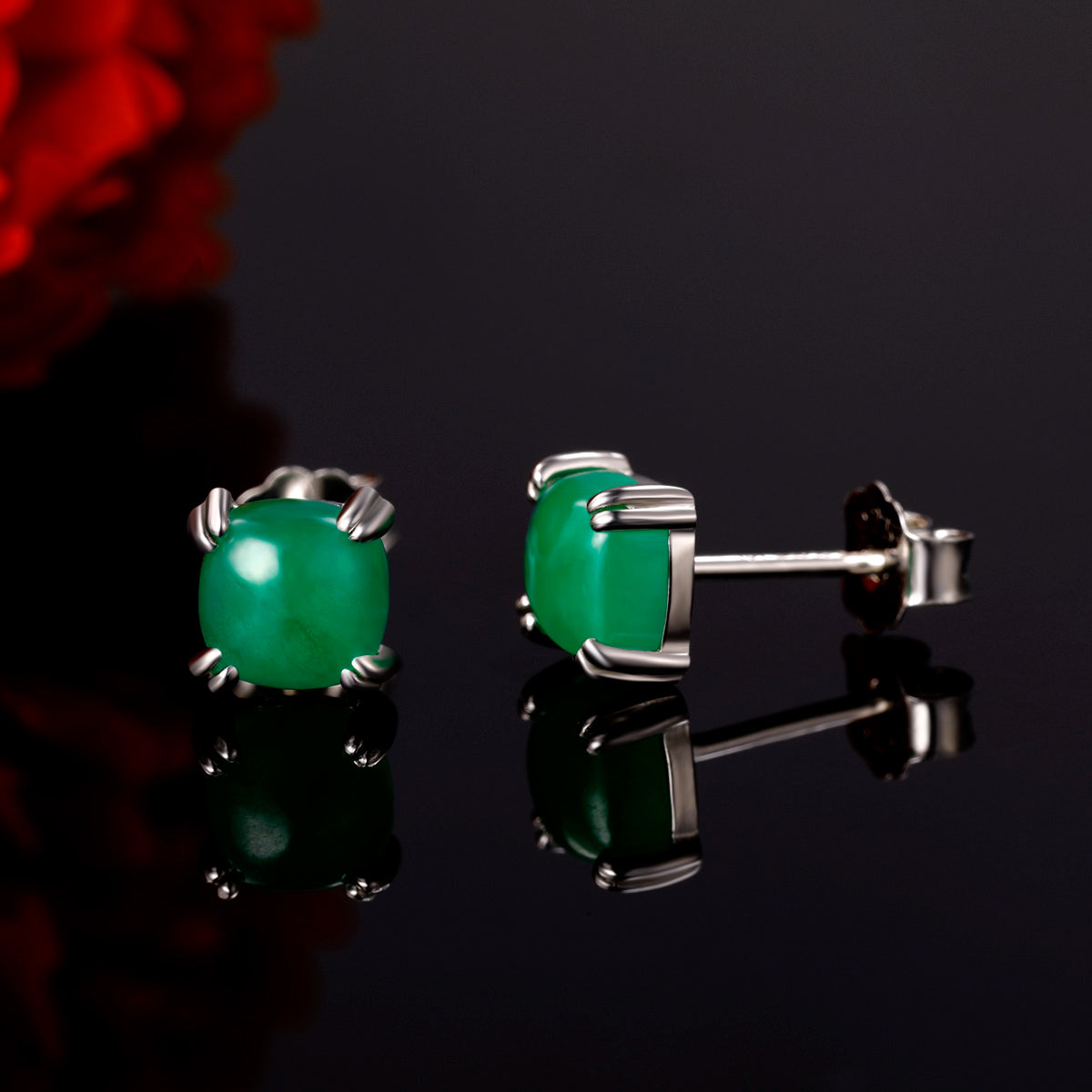 TIKJE Gemstone 925 Sterling Silver Earrings White Gold Plated Jade 6mm Square Earrings Women's 1 Pair (Nickel Free)