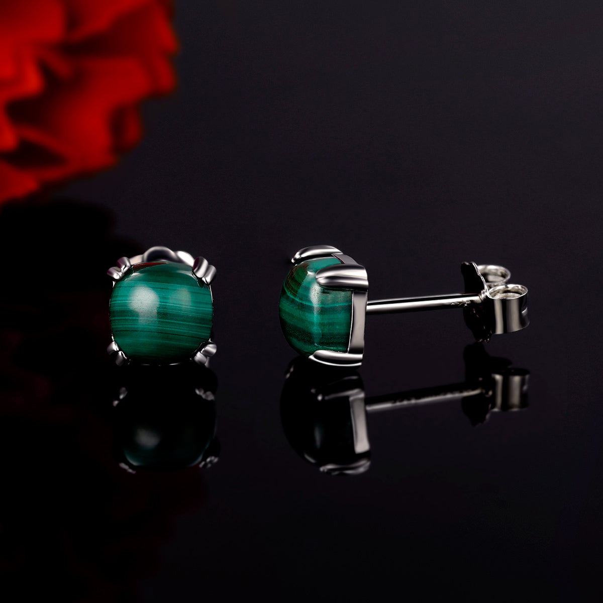TIKJE Gemstone 925 Sterling Silver Earrings White Gold Plated Malachite 6mm Square Earrings Women's 1 Pair (Nickel Free)