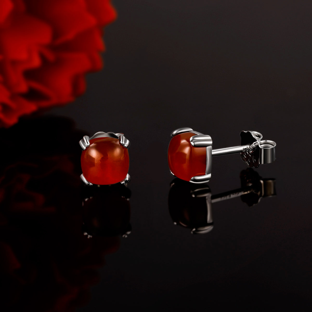 TIKJE Gemstone 925 Sterling Silver Earrings White Gold Plated Red Agate 6mm Square Earrings Women's 1 Pair (Nickel Free)