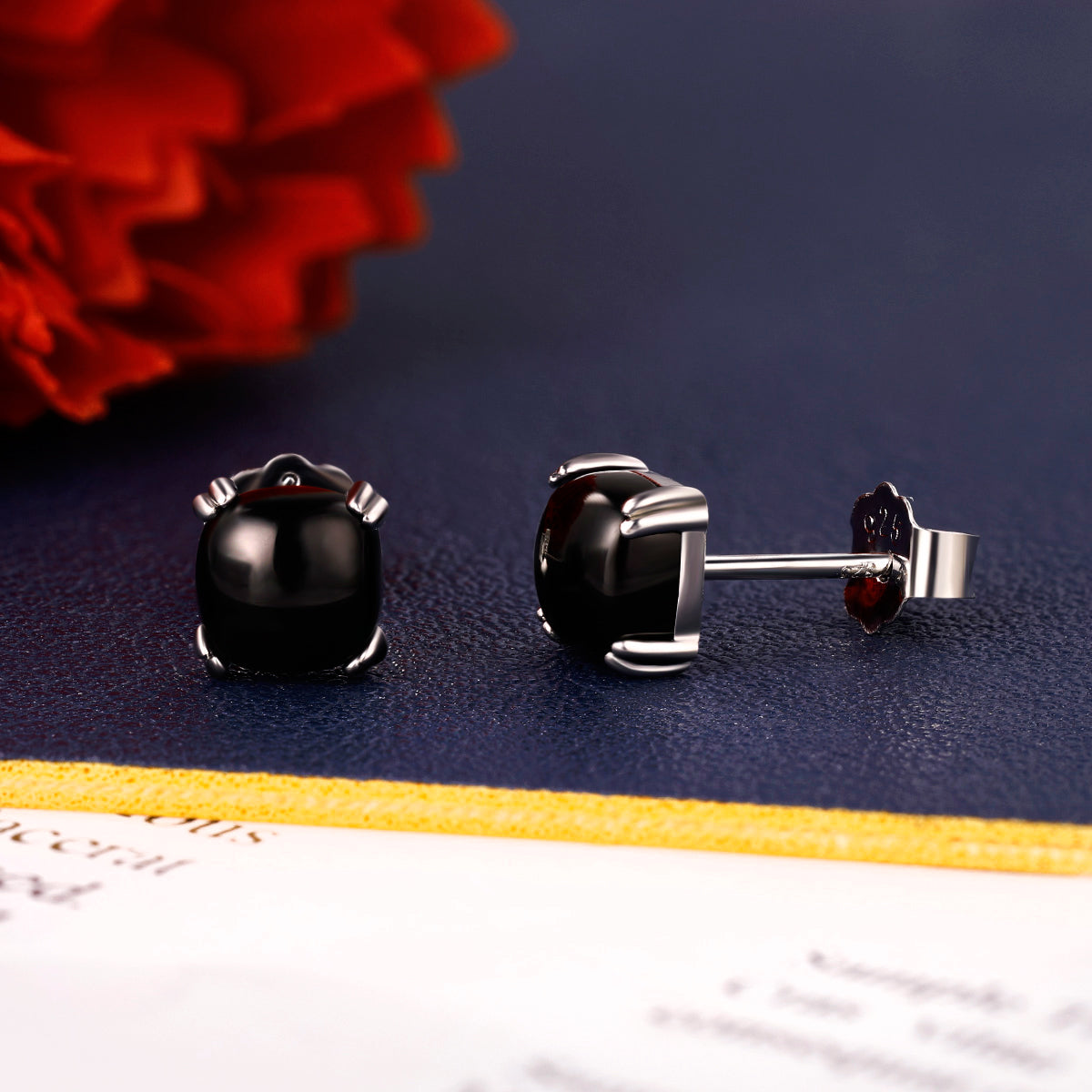 TIKJE Gemstone 925 Sterling Silver Earrings White Gold Plated Black Agate 6mm Square Earrings Women's 1 Pair (Nickel Free)