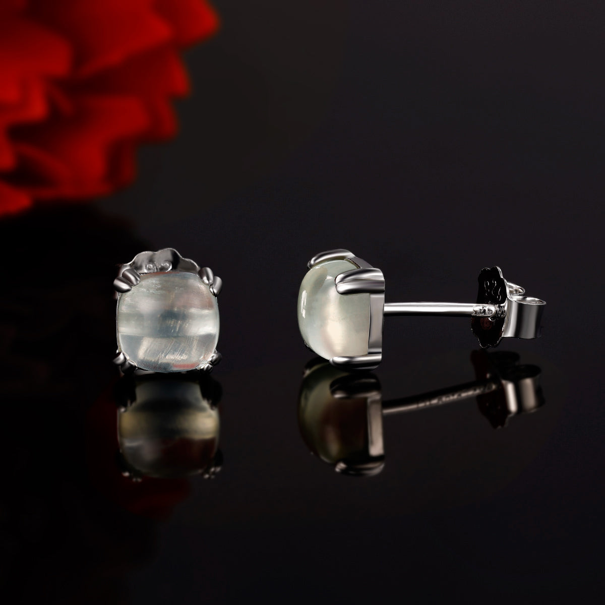 TIKJE Gemstone 925 Sterling Silver Earrings White Gold Plated Prehnite 6mm Square Earrings 1 Pair (Nickel Free)