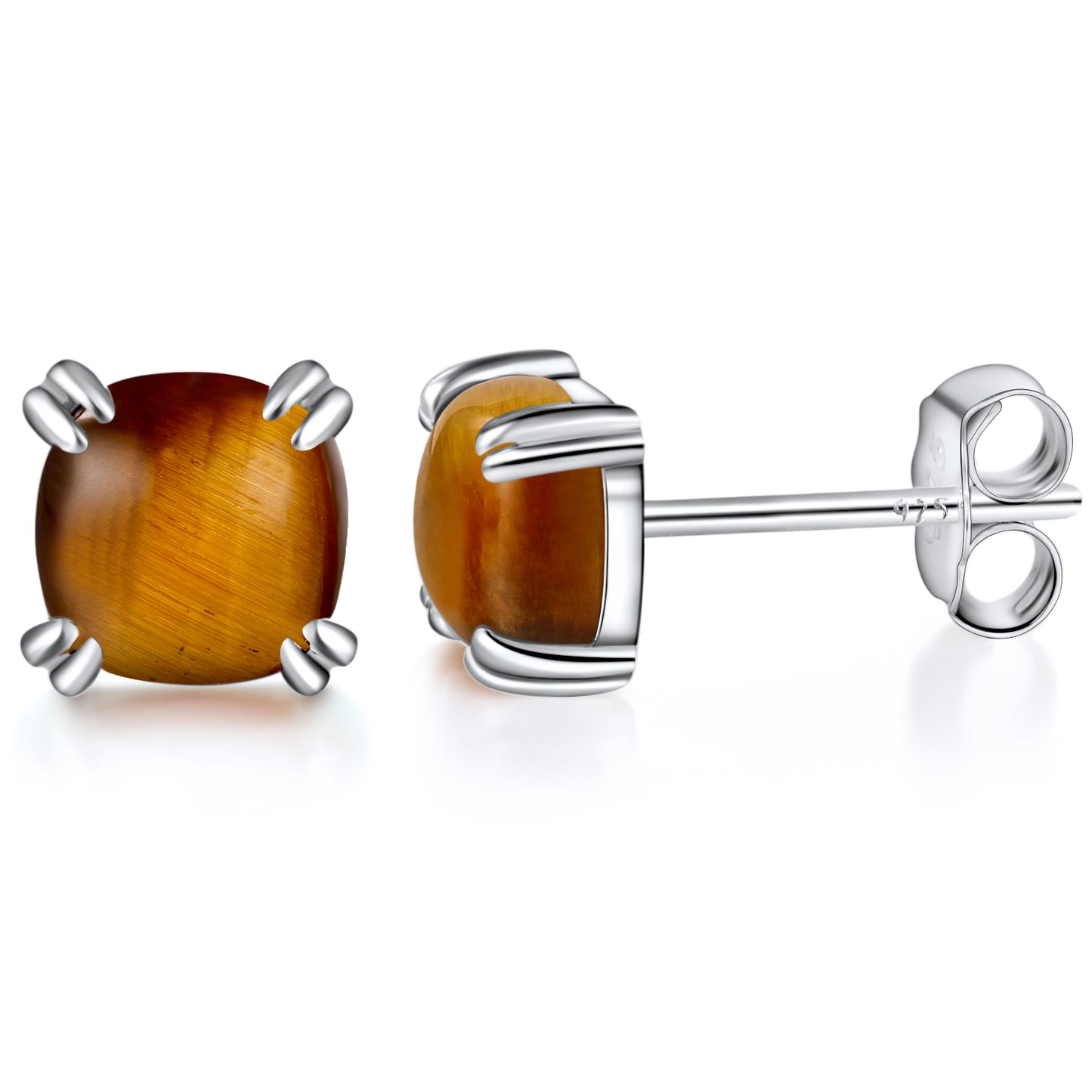 TIKJE Gemstone 925 Sterling Silver Earrings White Gold Plated Tiger Eye 6mm Square Earrings Women's 1 Pair (Nickel Free)