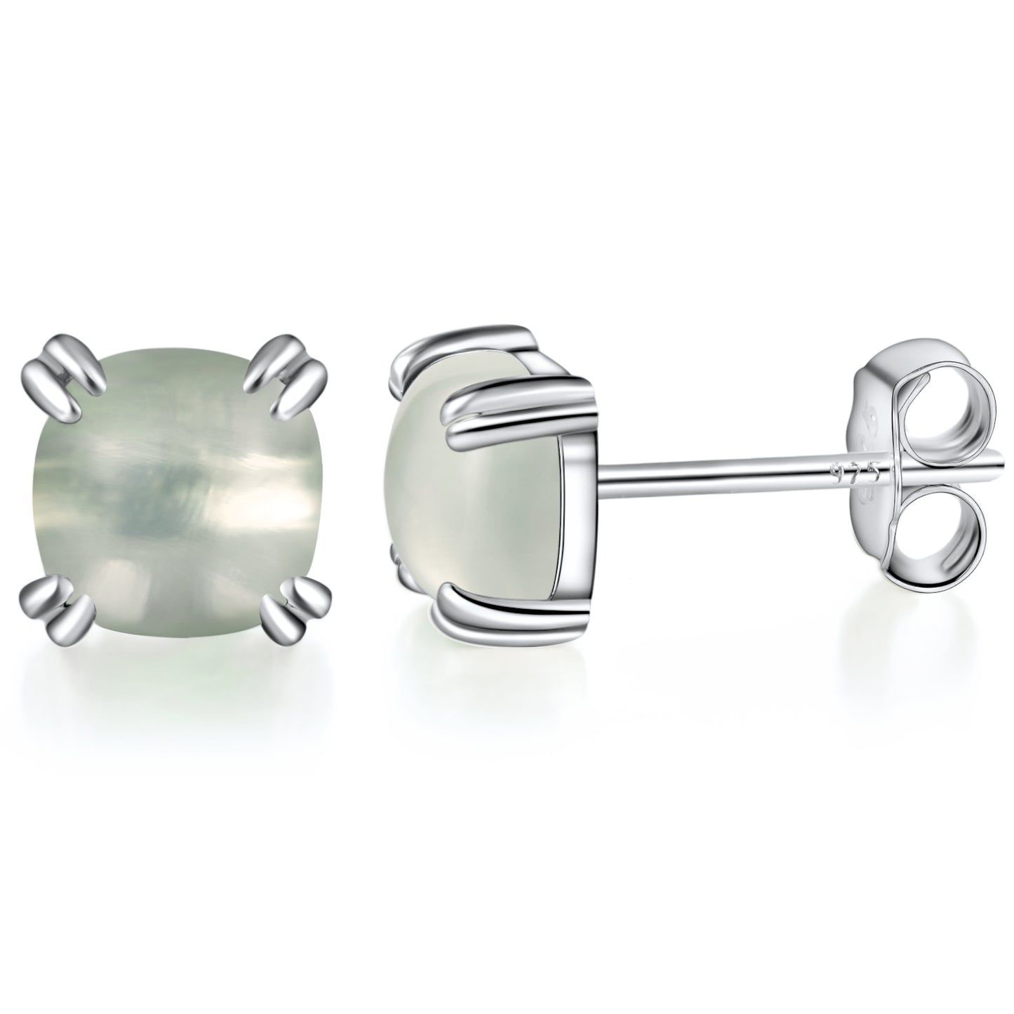 TIKJE Gemstone 925 Sterling Silver Earrings White Gold Plated Prehnite 6mm Square Earrings 1 Pair (Nickel Free)