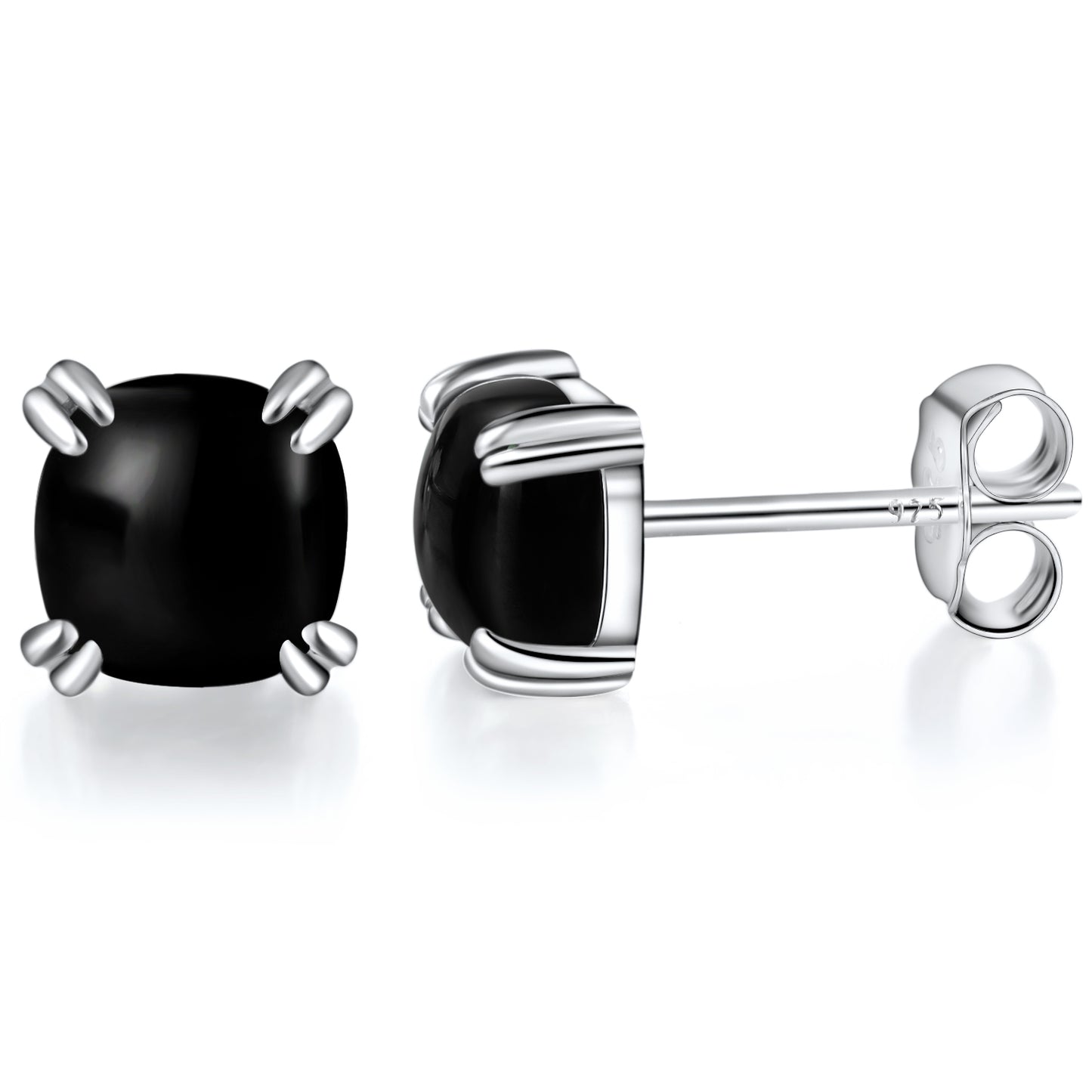 TIKJE Gemstone 925 Sterling Silver Earrings White Gold Plated Black Agate 6mm Square Earrings Women's 1 Pair (Nickel Free)