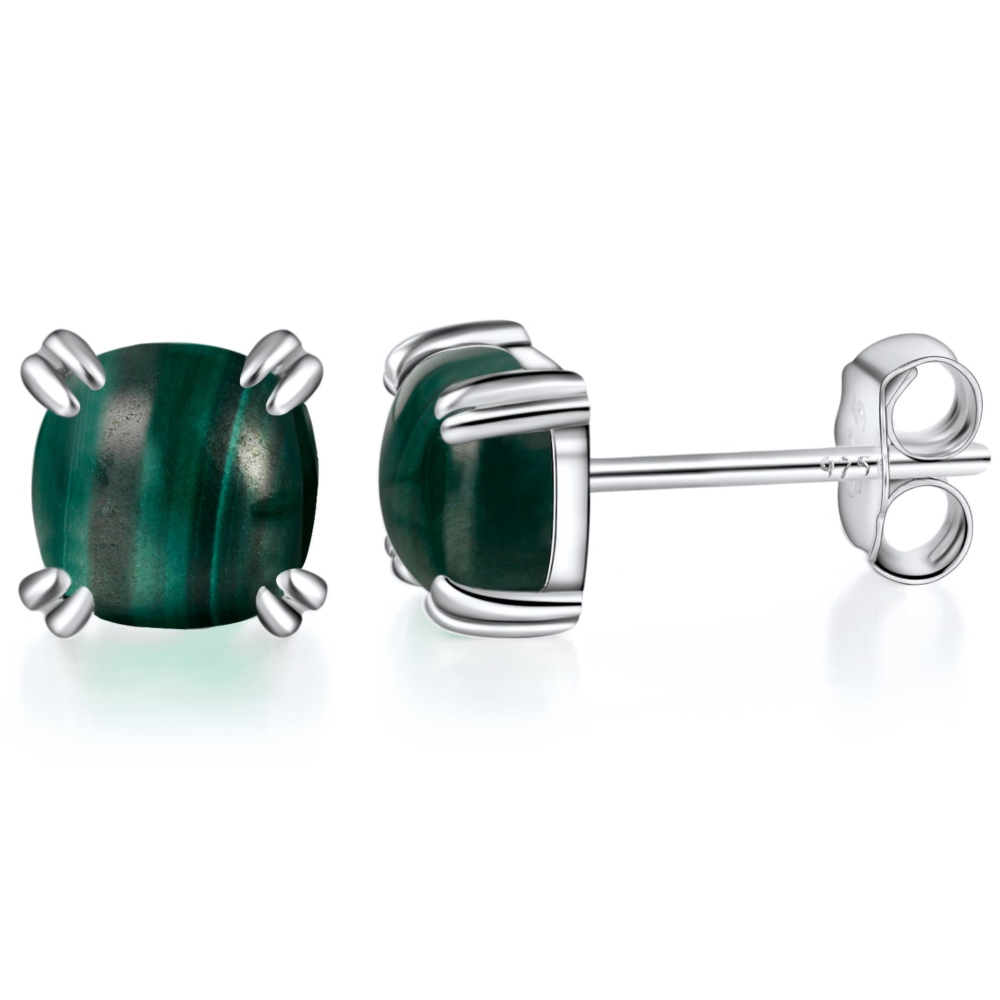 TIKJE Gemstone 925 Sterling Silver Earrings White Gold Plated Malachite 6mm Square Earrings Women's 1 Pair (Nickel Free)
