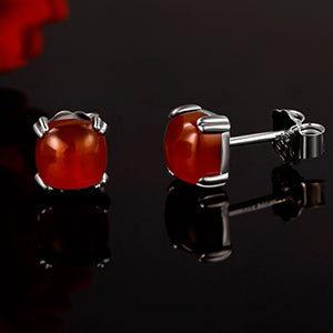 TIKJE Gemstone 925 Sterling Silver Earrings White Gold Plated Red Agate 6mm Square Earrings Women's 1 Pair (Nickel Free)