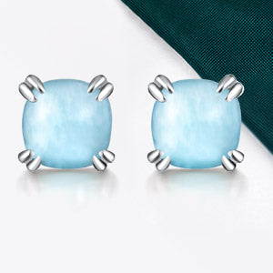 TIKJE Gemstone 925 Sterling Silver Earrings White Gold Plated Natural Stone Seaweed 6mm Square Earrings Women's 1 Pair (Nickel Free)