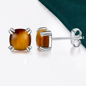 TIKJE Gemstone 925 Sterling Silver Earrings White Gold Plated Tiger Eye 6mm Square Earrings Women's 1 Pair (Nickel Free)