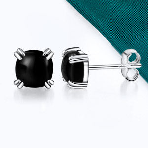 TIKJE Gemstone 925 Sterling Silver Earrings White Gold Plated Black Agate 6mm Square Earrings Women's 1 Pair (Nickel Free)