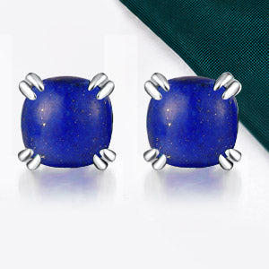 TIKJE Gemstone 925 Sterling Silver Earrings White Gold Plated Lapis Lazuli 6mm Square Earrings 1 Pair (Nickel Free)
