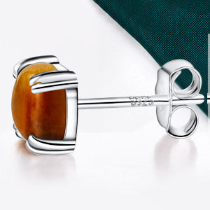 TIKJE Gemstone 925 Sterling Silver Earrings White Gold Plated Tiger Eye 6mm Square Earrings Women's 1 Pair (Nickel Free)