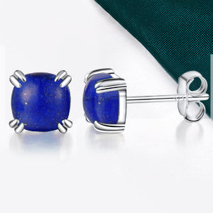 TIKJE Gemstone 925 Sterling Silver Earrings White Gold Plated Lapis Lazuli 6mm Square Earrings 1 Pair (Nickel Free)