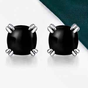 TIKJE Gemstone 925 Sterling Silver Earrings White Gold Plated Black Agate 6mm Square Earrings Women's 1 Pair (Nickel Free)