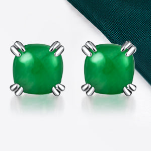 TIKJE Gemstone 925 Sterling Silver Earrings White Gold Plated Jade 6mm Square Earrings Women's 1 Pair (Nickel Free)