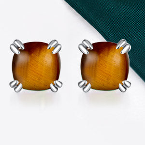 TIKJE Gemstone 925 Sterling Silver Earrings White Gold Plated Tiger Eye 6mm Square Earrings Women's 1 Pair (Nickel Free)