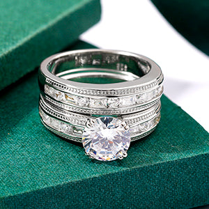 TIKJE Two-in-One Wedding Bands Set Sterling Silver Engagement Rings Set S925 Bridal Promise Ring Eternity Band for Women 2 pc Size 6-8