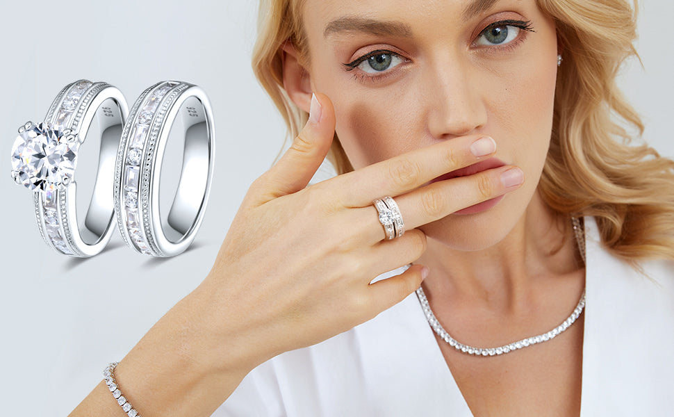 TIKJE Two-in-One Wedding Bands Set Sterling Silver Engagement Rings Set S925 Bridal Promise Ring Eternity Band for Women 2 pc Size 6-8