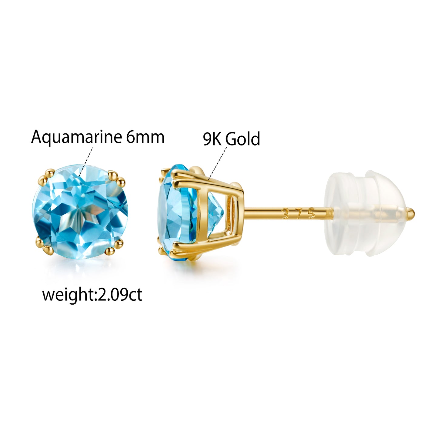 TIKJE 9K Gold Gemstone Citrine Aquamarine Amethyst Purple Round Cut Birthstone Stud Earrings for Women Birthday Jewelry Gifts