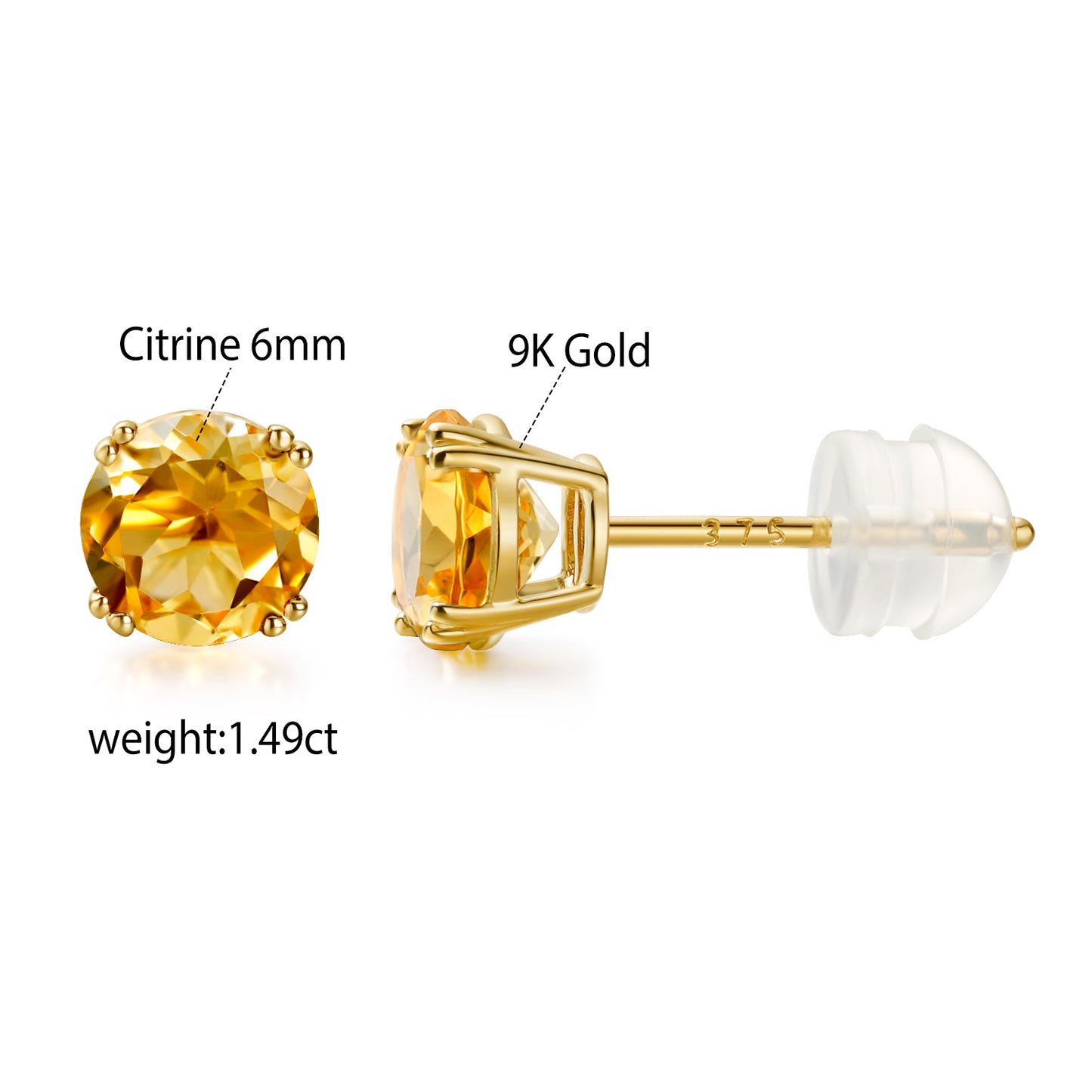 TIKJE 9K Gold Gemstone Citrine Aquamarine Amethyst Purple Round Cut Birthstone Stud Earrings for Women Birthday Jewelry Gifts