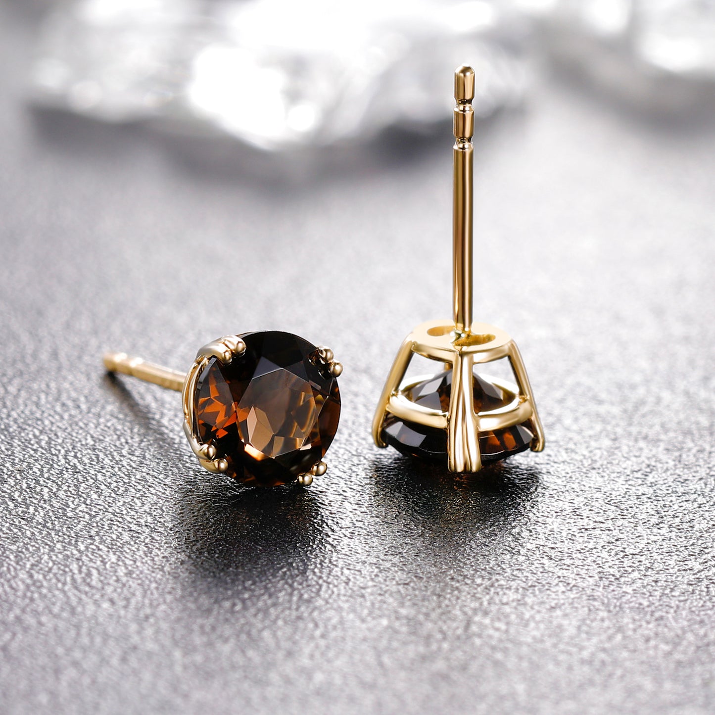 TIKJE 9K Gold Gemstone Citrine Aquamarine Amethyst Purple Round Cut Birthstone Stud Earrings for Women Birthday Jewelry Gifts