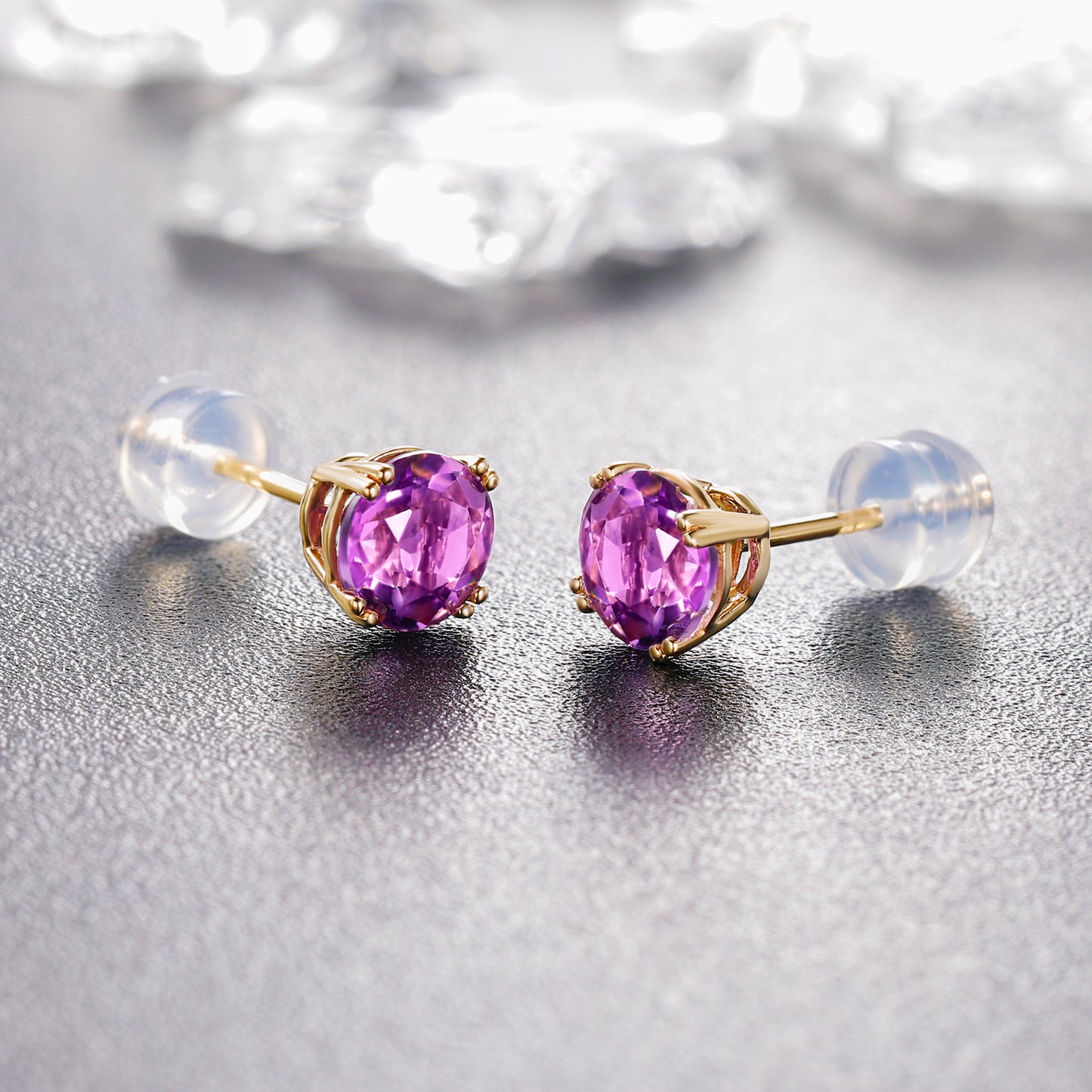 TIKJE 9K Gold Gemstone Citrine Aquamarine Amethyst Purple Round Cut Birthstone Stud Earrings for Women Birthday Jewelry Gifts