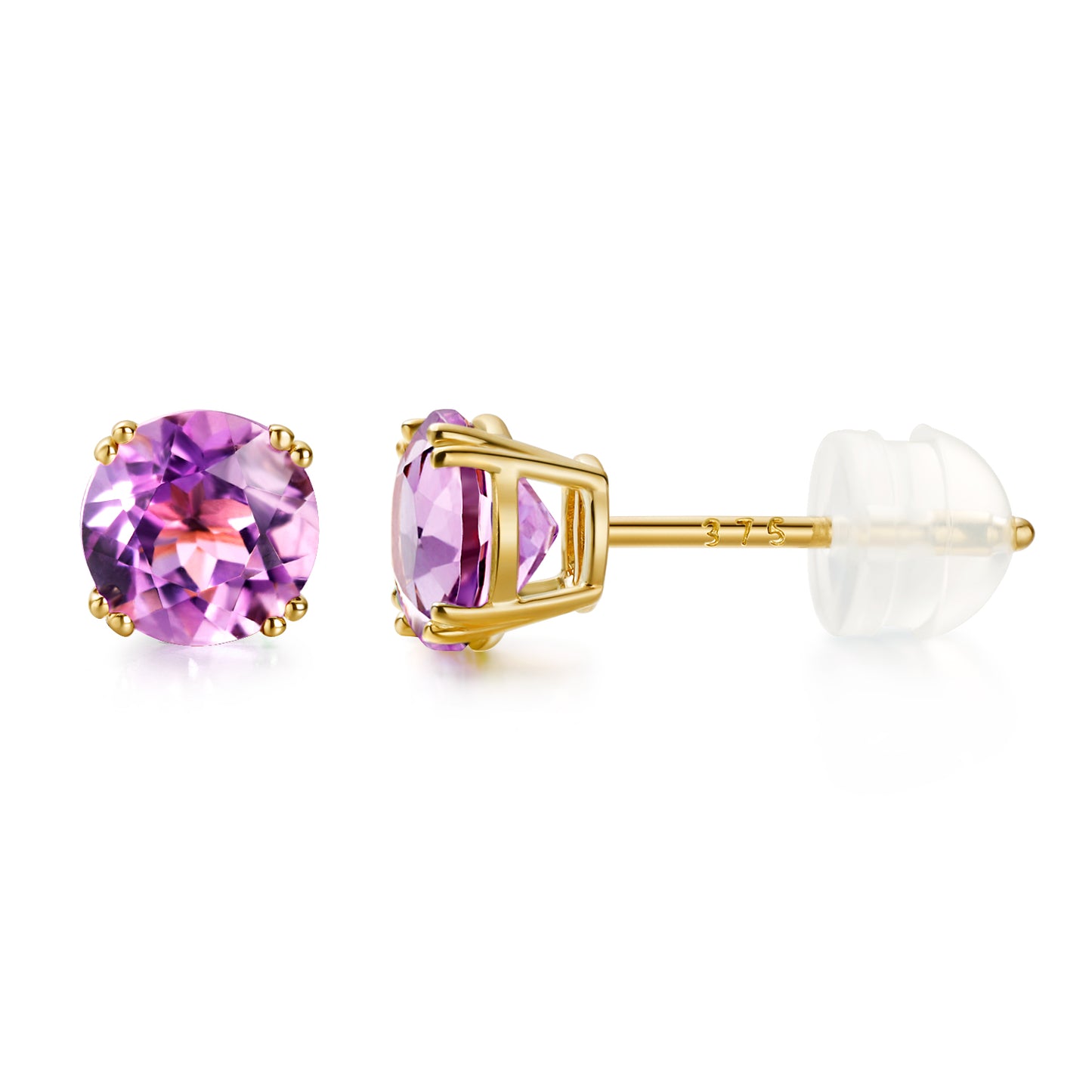 TIKJE 9K Gold Gemstone Citrine Aquamarine Amethyst Purple Round Cut Birthstone Stud Earrings for Women Birthday Jewelry Gifts