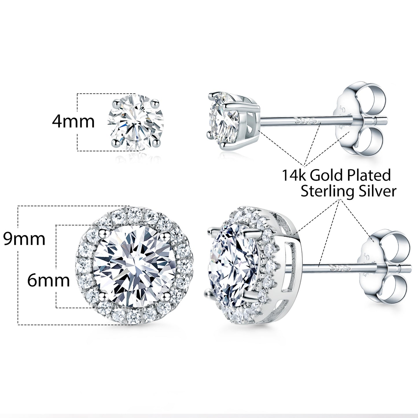 TIKJE 2 Pairs Stud Earrings Sets 925 Sterling Silver Halo Earrings for Women Round 9mm 4mm Earrings Stud