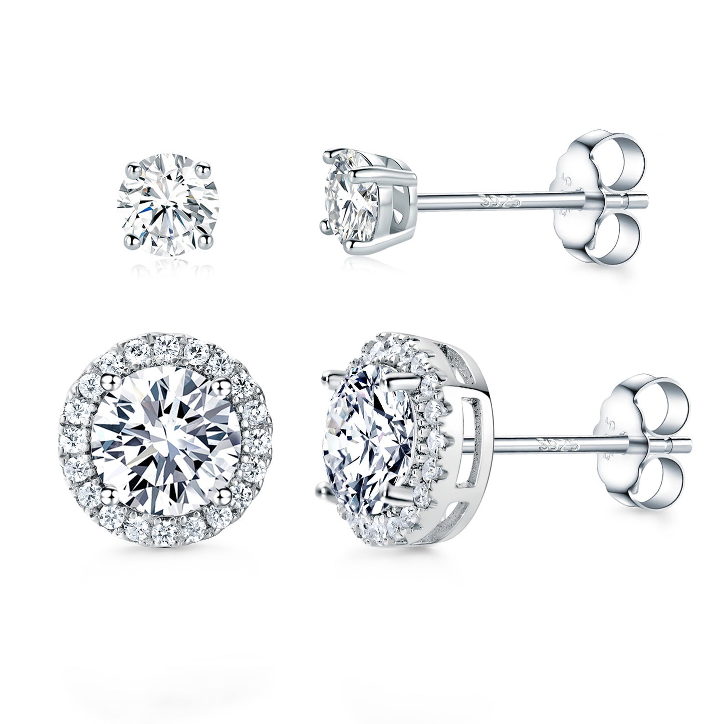TIKJE 2 Pairs Stud Earrings Sets 925 Sterling Silver Halo Earrings for Women Round 9mm 4mm Earrings Stud