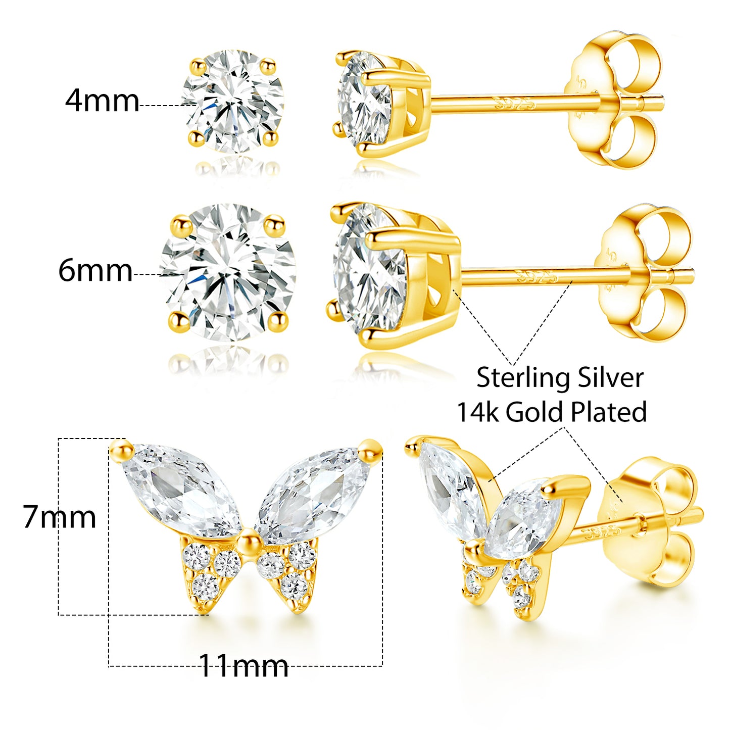 TIKJE 925 Sterling Silver 3 Pairs Stud Earrings Sets 14K White Gold Plated Butterfly Round 4mm 6mm Earrings Stud for Women