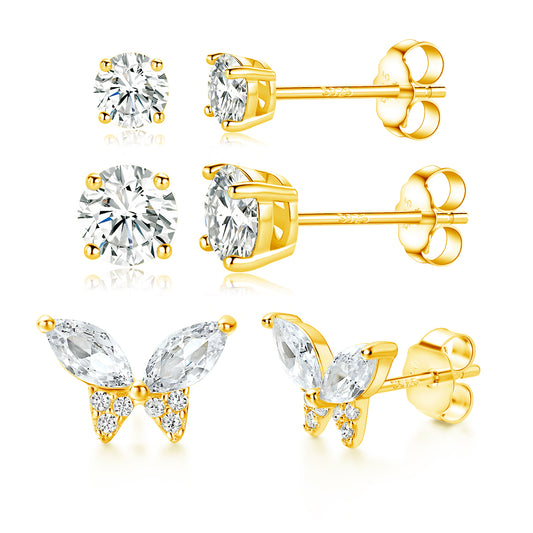 TIKJE 925 Sterling Silver 3 Pairs Stud Earrings Sets 14K White Gold Plated Butterfly Round 4mm 6mm Earrings Stud for Women