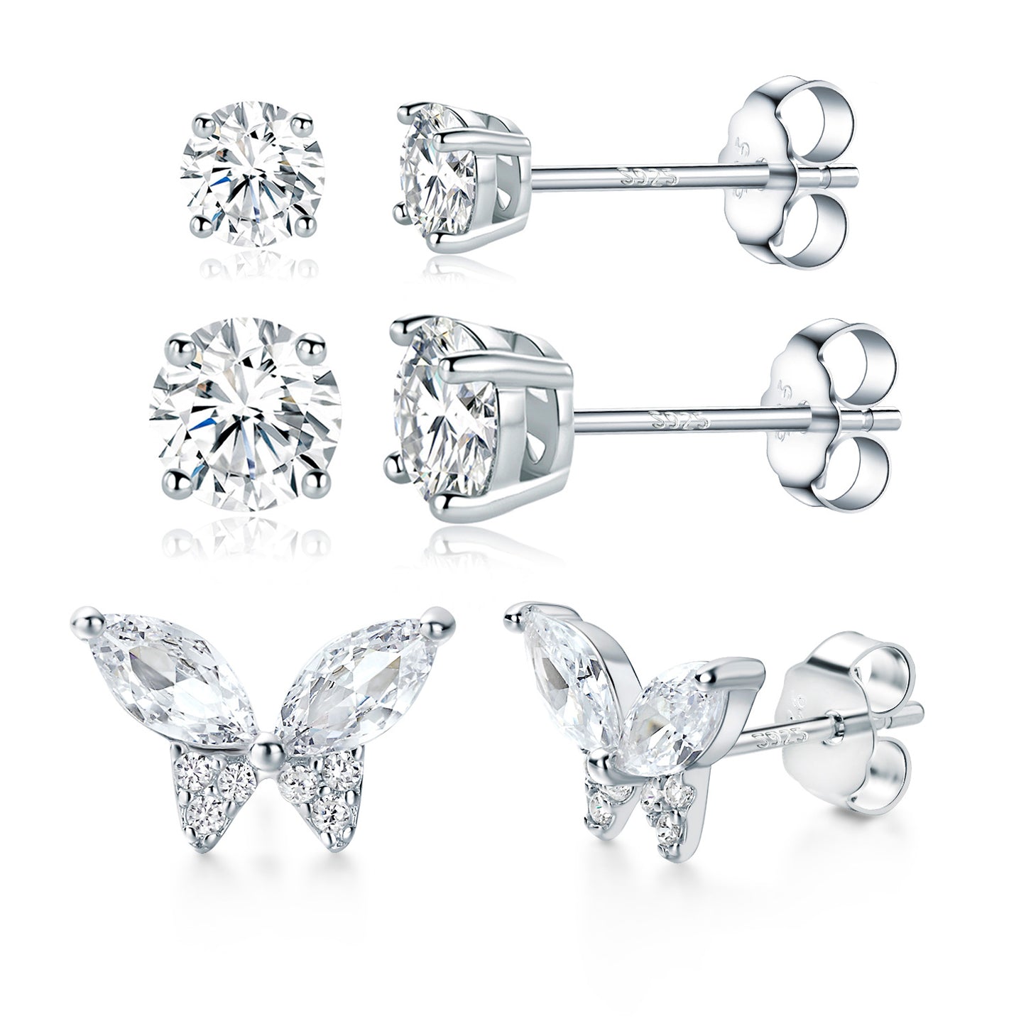 TIKJE 925 Sterling Silver 3 Pairs Stud Earrings Sets 14K White Gold Plated Butterfly Round 4mm 6mm Earrings Stud for Women