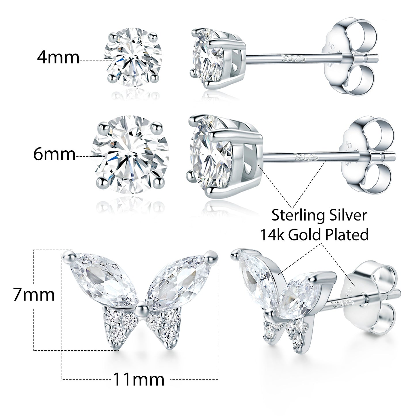 TIKJE 925 Sterling Silver 3 Pairs Stud Earrings Sets 14K White Gold Plated Butterfly Round 4mm 6mm Earrings Stud for Women