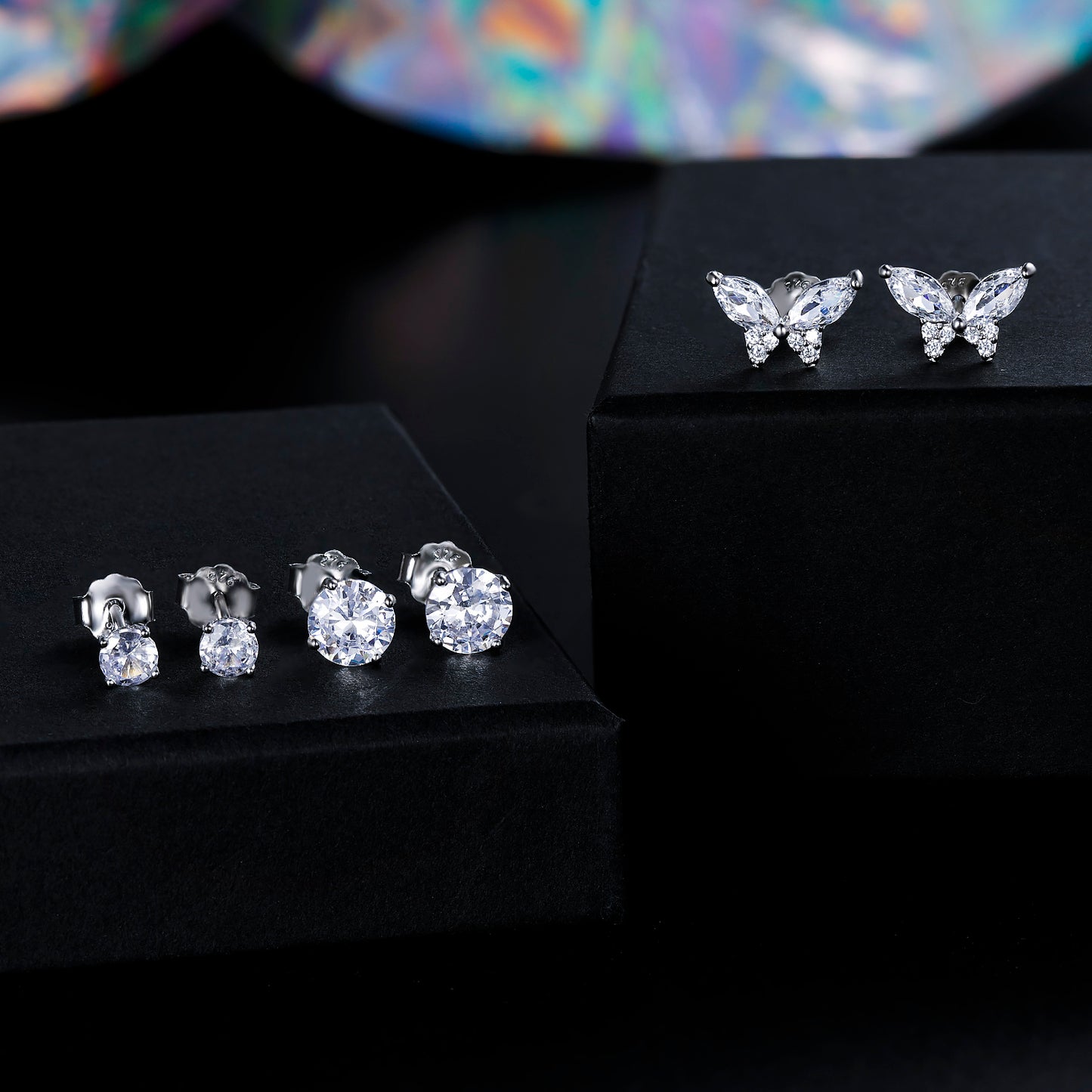 TIKJE 925 Sterling Silver 3 Pairs Stud Earrings Sets 14K White Gold Plated Butterfly Round 4mm 6mm Earrings Stud for Women