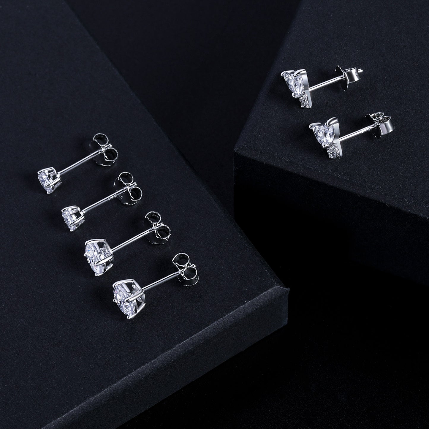 TIKJE 925 Sterling Silver 3 Pairs Stud Earrings Sets 14K White Gold Plated Butterfly Round 4mm 6mm Earrings Stud for Women