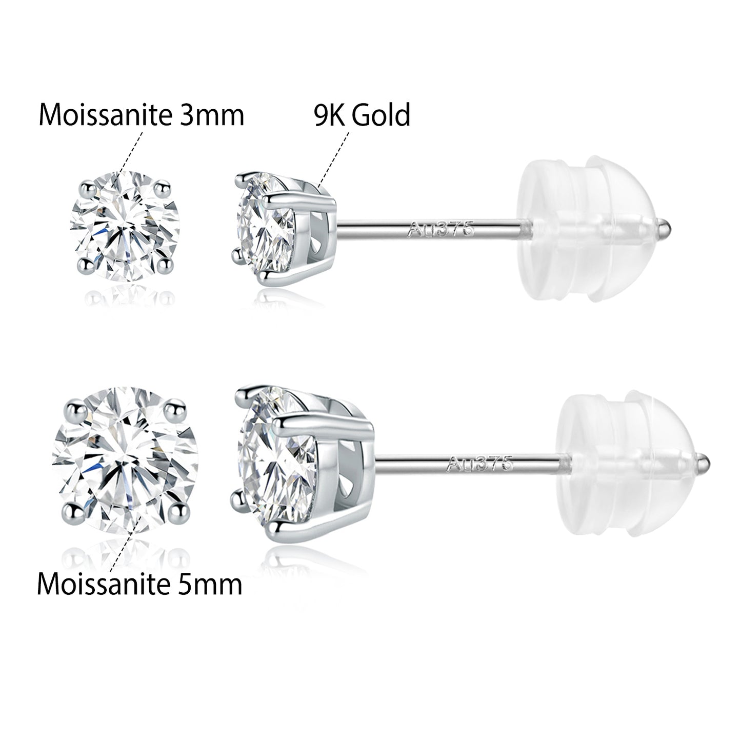 TIKJE Moissanite Stud Earrings Set for Women Men Gem Diamond 2 Pairs Solid 9K Gold 1/2 Carat Natural Diamond Princess Cut Round Stud Earrings Sets Pack of 2