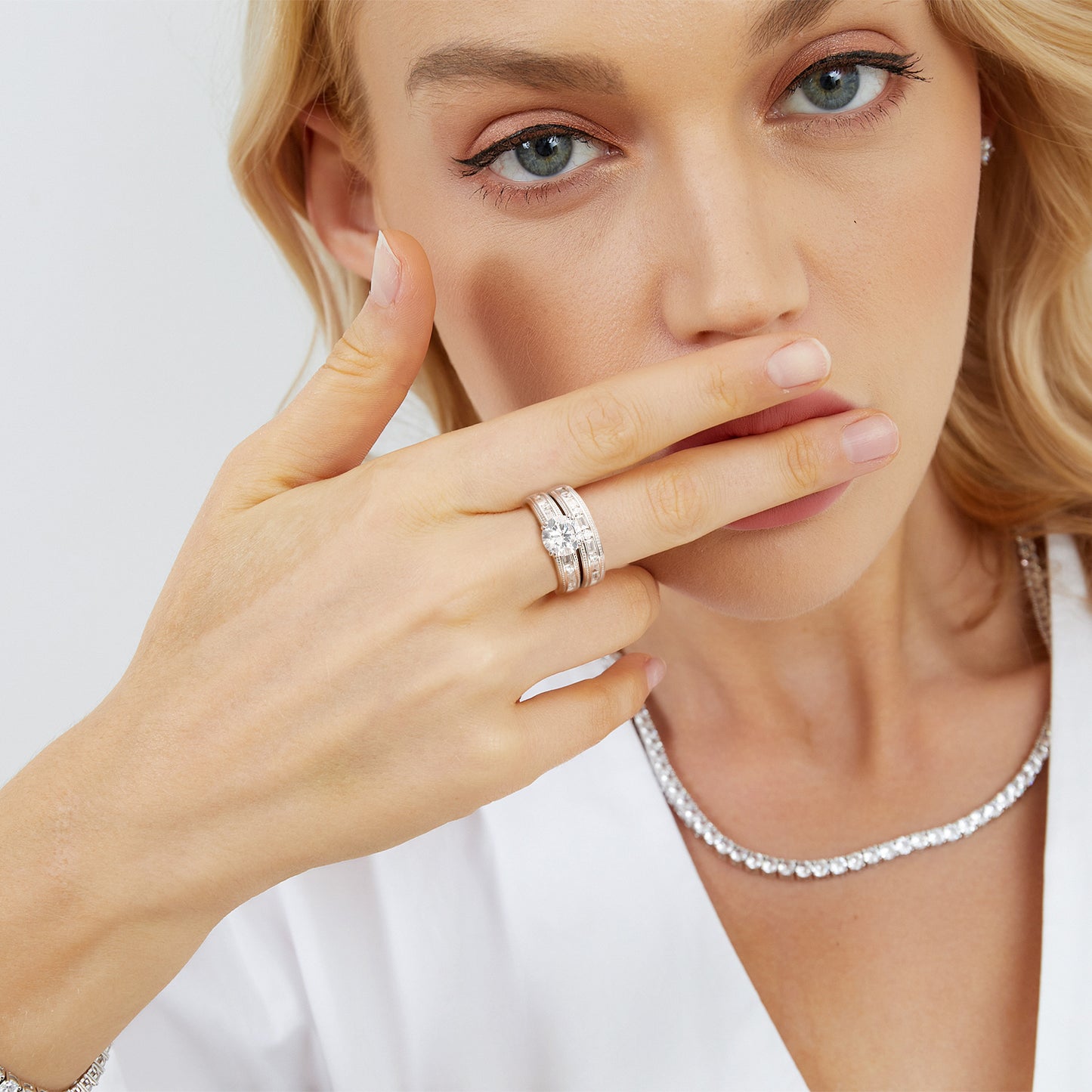 TIKJE Two-in-One Wedding Bands Set Sterling Silver Engagement Rings Set S925 Bridal Promise Ring Eternity Band for Women 2 pc Size 6-8